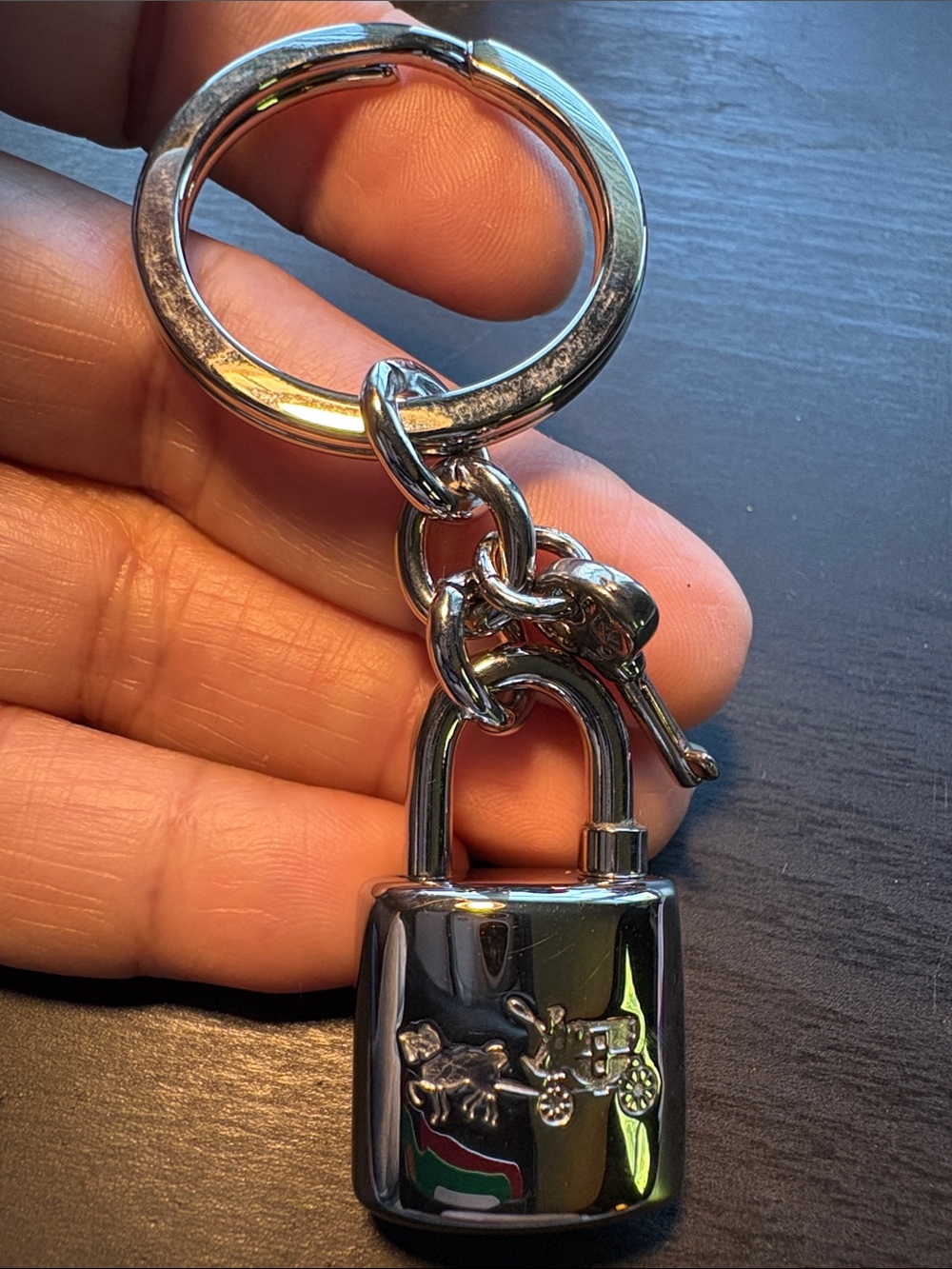 Coach vintage Silver-Tone Padlock Keychain with Horse & Carriage